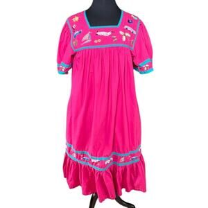 Vintage Cabernet Hot Pink Embroidered Tent Dress – Size M – Cottagecore Vacation
